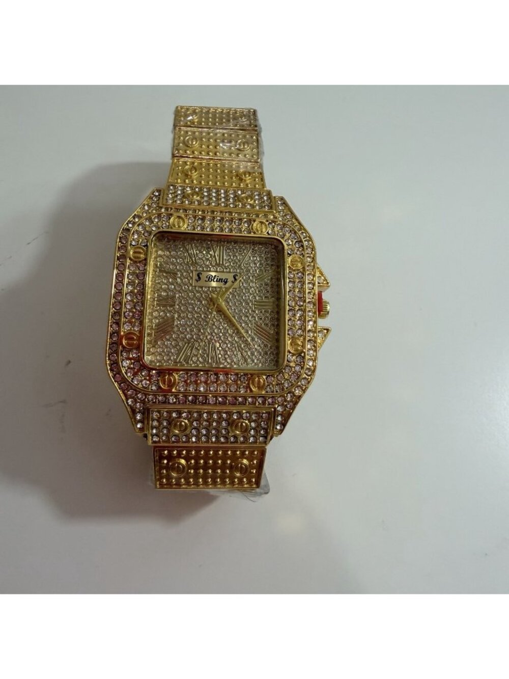 Bling Mens Gold & Rhinestone Square Face Analog Wrist Watch